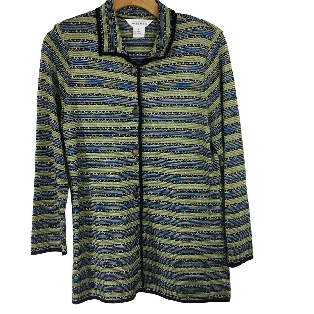 Exclusively Misook Metallic Striped Collared Button Down Knit Cardigan Sweater L